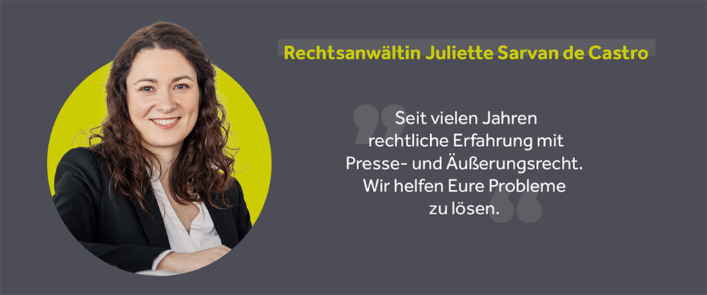 Rechtsanwältin Juliette Sarvan de Castro (Fachanwältin für Urheber- und Medienecht), von der Rechtsanwaltskanzlei Reehkatsch Rechtsanwälte, spezialisiert auf Presserecht