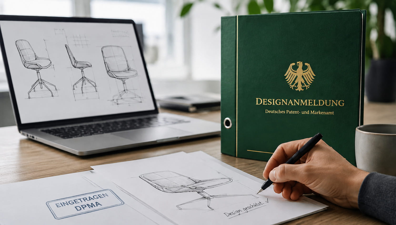 Person skizziert etwas und möchte eine Designanmeldung beim DPMA machen