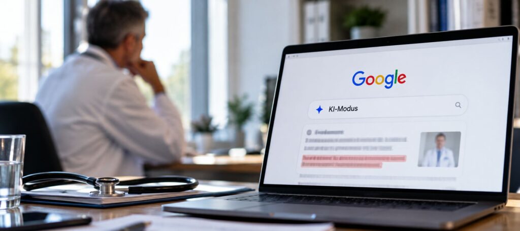 Stethoskop neben Laptop – Google KI-Modus haftet für falsche KI-Aussagen